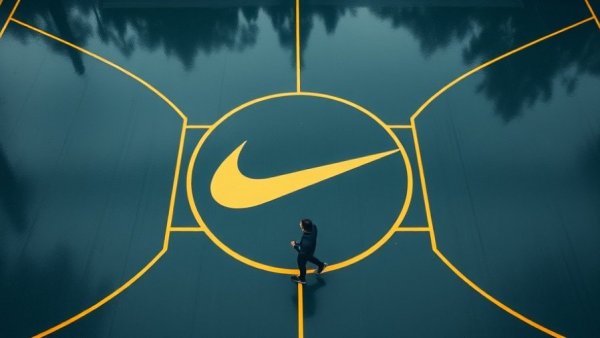 Person on wet basketball court with Nike logo during overcast day.