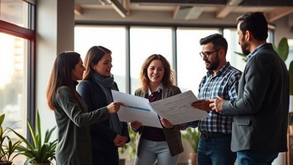 Diverse team collaborating in a modern office, promoting diversity and inclusion.