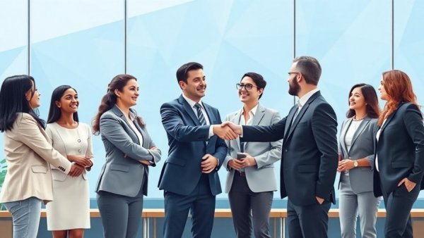 Business professionals shaking hands for client acquisition at a staffing agency.