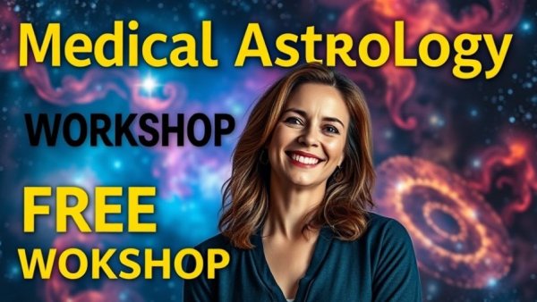 Smiling woman against cosmic nebula for Medical Astrology Foundations.