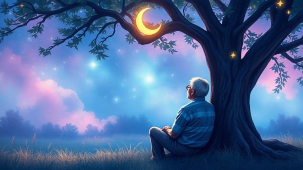 Elderly man peacefully contemplating under a starlit sky, embracing uncertainty in life.