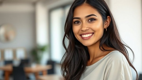 Smiling woman indoors, astrology predictions concept.