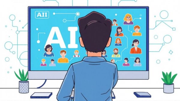 Cartoon of general-purpose AI in talent management on a screen.