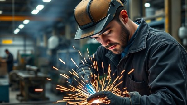 Manufacturing onboarding checklist with worker welding sparks in factory.