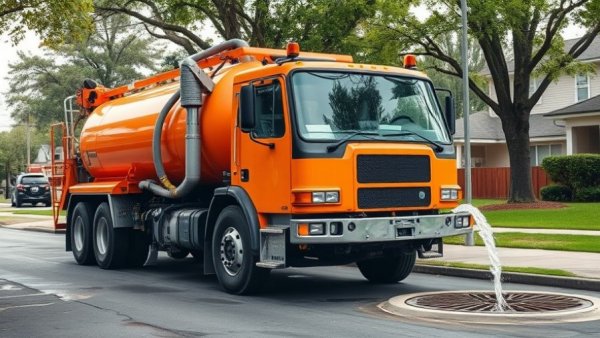 Orange sewage truck operating on street near manhole, ADA disability definition.
