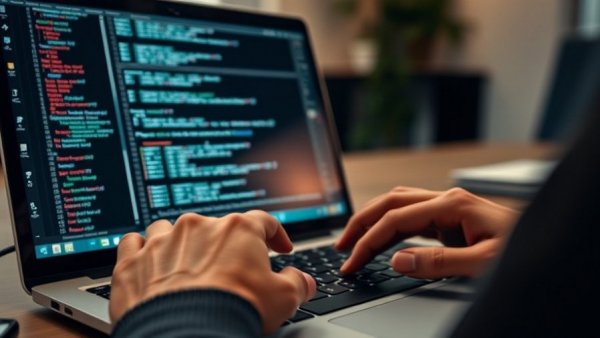 Hands typing on laptop with code, talent management in cybersecurity.