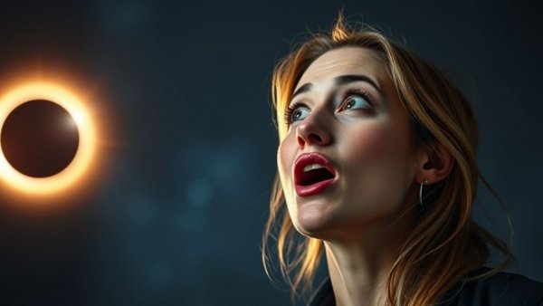 Astrology Forecast 2026: surprised woman during solar eclipse.