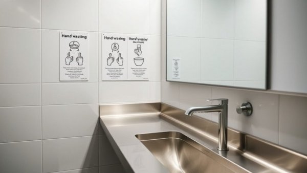 Restroom countertop with handwashing guide, highlighting restroom access challenges.