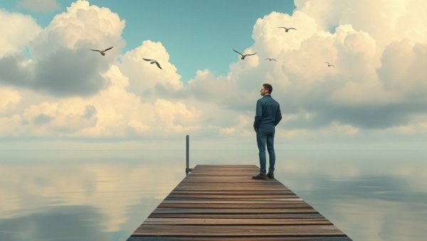 Person reflecting on a pier, birds fly above in a cloudy sky.