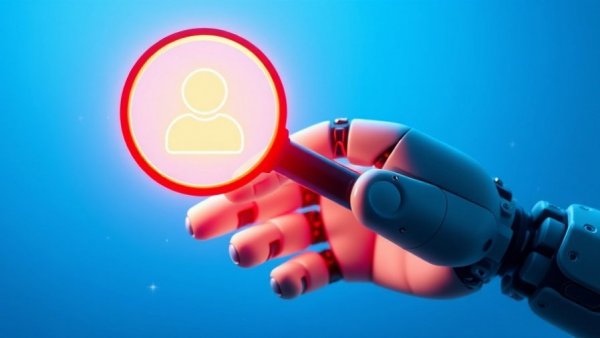 Futuristic robotic hand examining user icon, concept of candidate experience metrics.