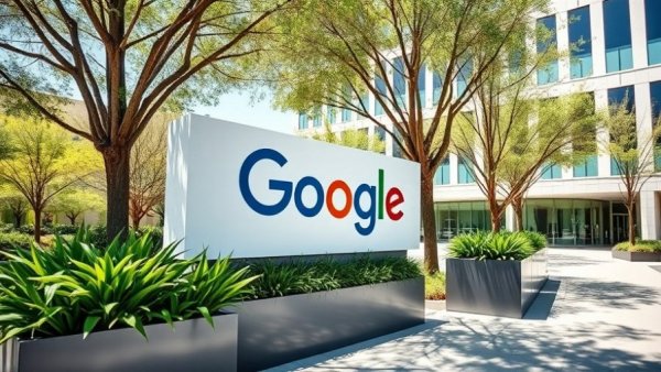 Google office entrance with signage and greenery, highlighting workplace.