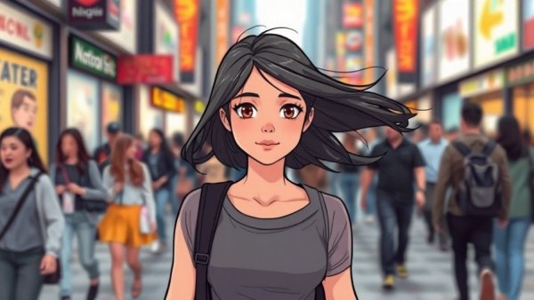 Young woman walking with a protective aura in a busy city.