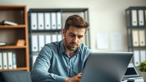 Men discussing HR compliance operating system on laptop in office.