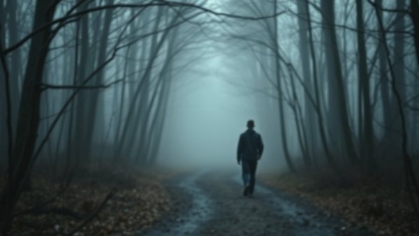 Old traumas cause self-doubt as a woman stands in a misty forest.