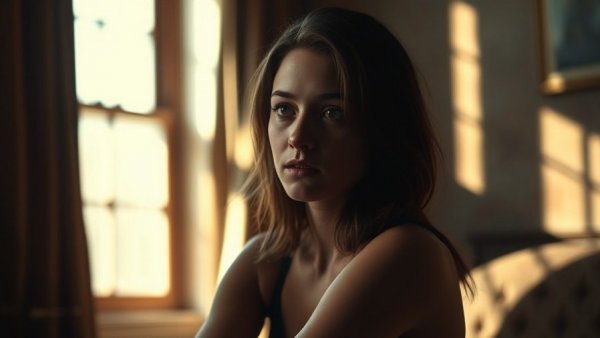 Reflective young woman in sunlit room representing letting go for personal growth.