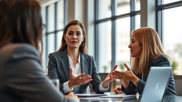 Confident businesswoman discussing pay disparity and gender in office.