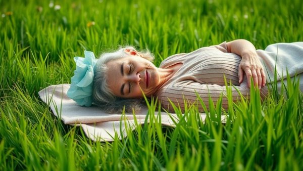 Elderly woman enjoys serenity in a lush meadow, promoting mindfulness retreats for wellbeing.