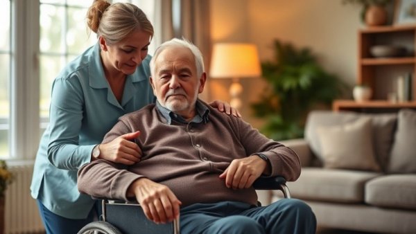 Home care onboarding workflow: Elderly man in wheelchair assisted by caregiver.