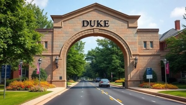 Duke University's stone entrance with greenery and flowers.