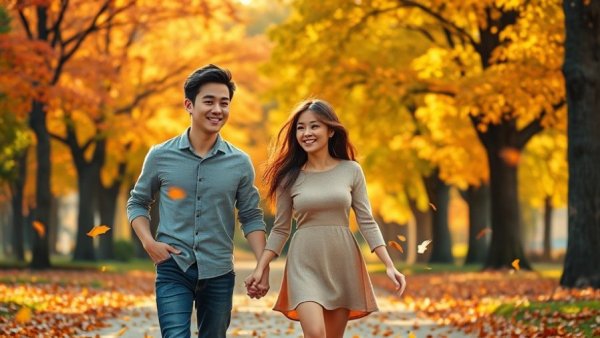 Happy couple embracing conscious dating, walking in a colorful park.