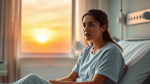 Young woman in hospital room contemplating a sunrise.