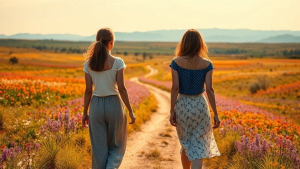 Two women outgrowing a friendship, taking separate paths in a vibrant landscape.