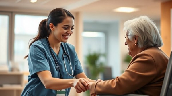 Young caregiver assisting elderly woman in modern healthcare setting, highlighting caregiver retention strategies.