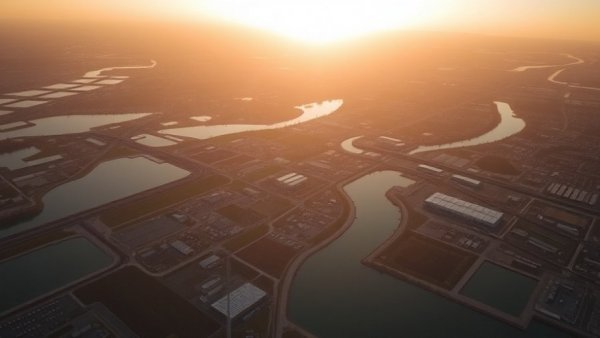 Aerial view of landscape with lakes and sunrise, serene atmosphere.