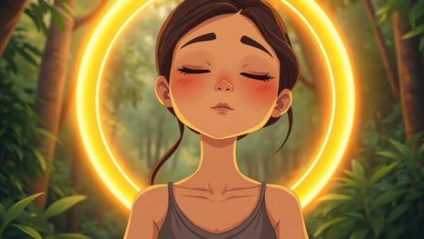 Boundaries Begin Within: Woman in glowing circle in forest, reflective.