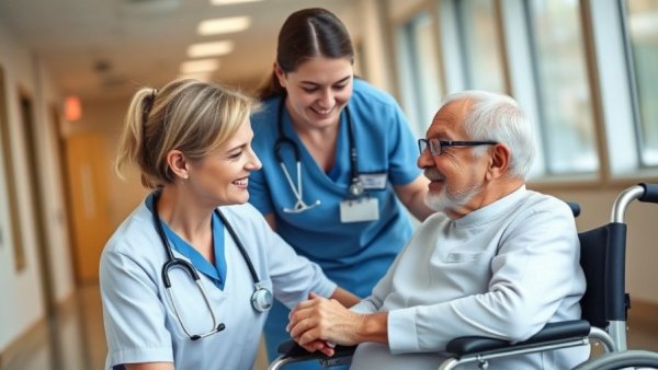 Healthcare HR compliance scene with nurse and elderly patient.