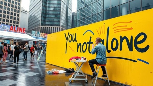 Artist painting 'You are not alone' mural at urban event.