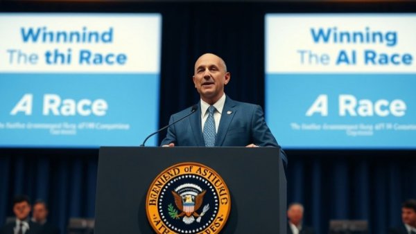 Man speaking at AI conference podium, federal AI regulations event