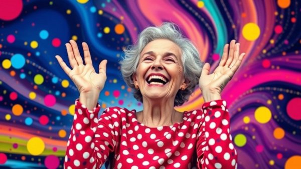 Joyful elderly woman celebrating positive aging journey, colorful art.