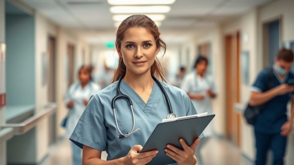 Nurse in hospital with onboarding checklist guide, focused.