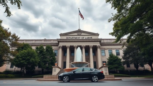 Department of Labor building front with fountain and car, cloudy day.