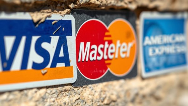Close-up of Visa, Mastercard, and American Express logos on wall.