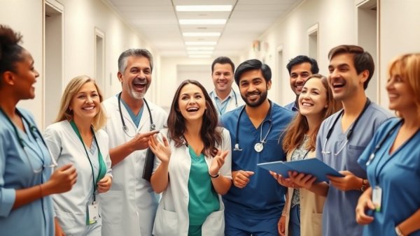Employee engagement among healthcare workers celebrating in a hospital.