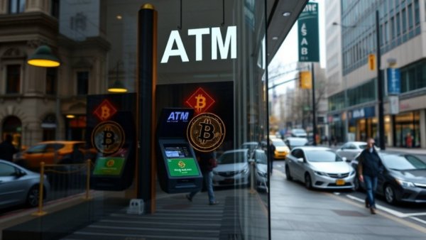 Bitcoin ATM in storefront window, promoting 401(k) investments in cryptocurrency.