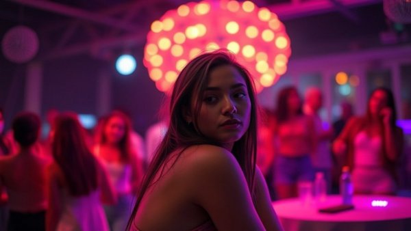 Feeling lonely around people, young woman at a busy party looking contemplative.