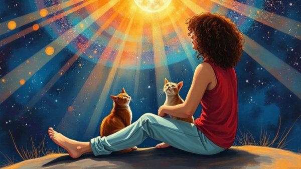 Finding contentment in a simple life; enjoying a starry night with a cat.