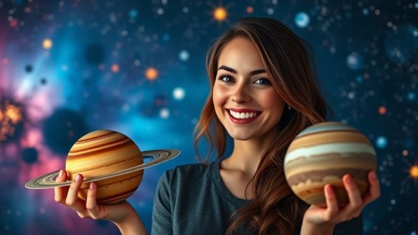 Astrology symbols in cosmic space with planets and smiling woman