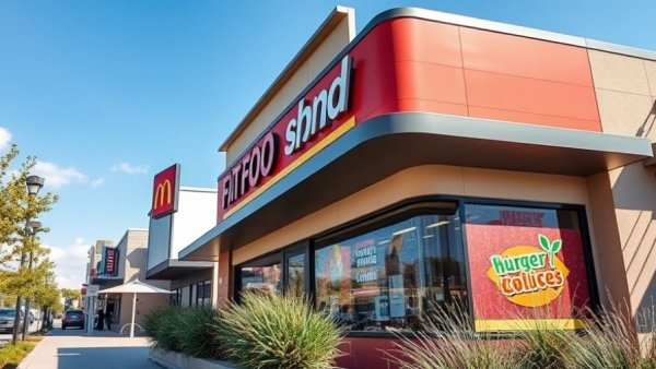 Modern fast-food restaurant exterior with clear sky