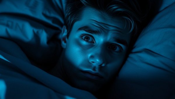 Young man with racing thoughts at night lying awake.