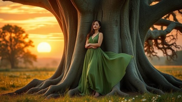 Serene woman embracing tree at sunset symbolizing resilience after surgery.