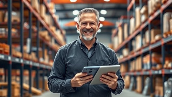 Deskless onboarding software guide with smiling warehouse worker.