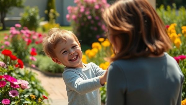 Joyful moment in a vibrant garden showing love and connection.
