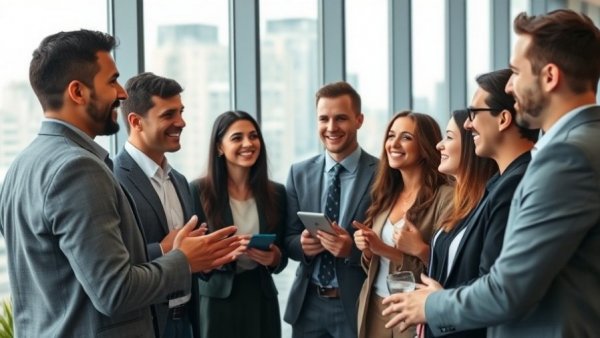 Diverse group discussing questions to ask a CEO in a modern office.