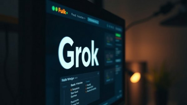 Computer screen displaying Grok interface, dimly lit.