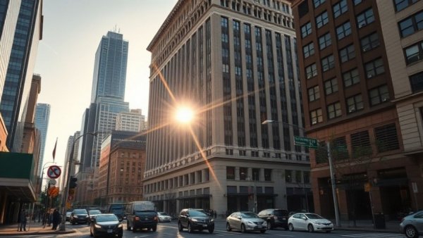 Imposing urban building in morning light with street view.