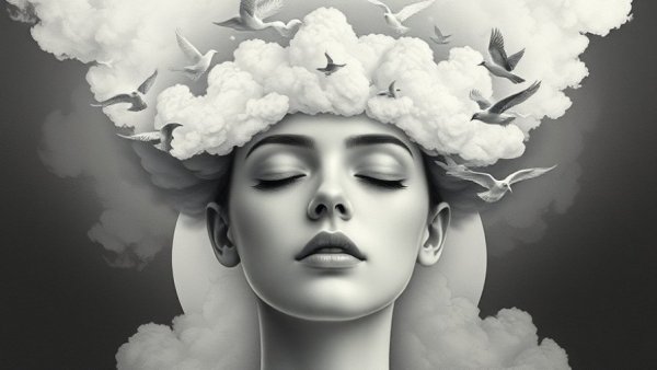 Surreal illustration of anxiety transformation with clouds and birds.